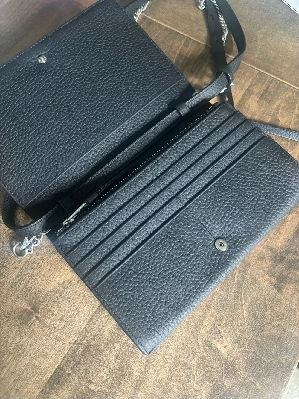 All Saints Black Leather Fetch Wallet Crossbody with Chain
